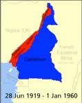 Map of Cameroon from 1919 to 1960, including both Cameroons (French in Blue, and British in red)