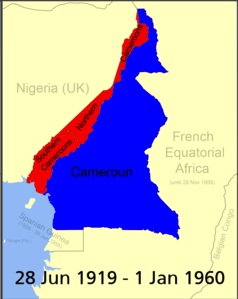 Map of Cameroon from 1919 to 1960, including both Cameroons (French in Blue, and British in red)