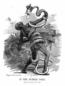 In The Rubber Coils. Scene - The Congo 'Free' State" Linley Sambourne depicts King Leopold II of Belgium as a snake entangling a congolese rubber collector