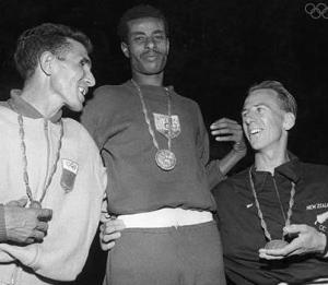 Abebe Bikila on the podium in 1960 Olympics in Rome
